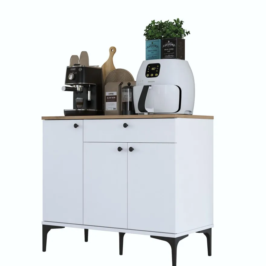 Aamiaiskaappi/kahvipiste Linento Furniture JE194, valkoinen/pähkinänruskea
