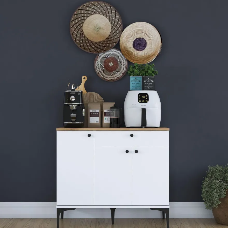 Aamiaiskaappi/kahvipiste Linento Furniture JE194, valkoinen/pähkinänruskea