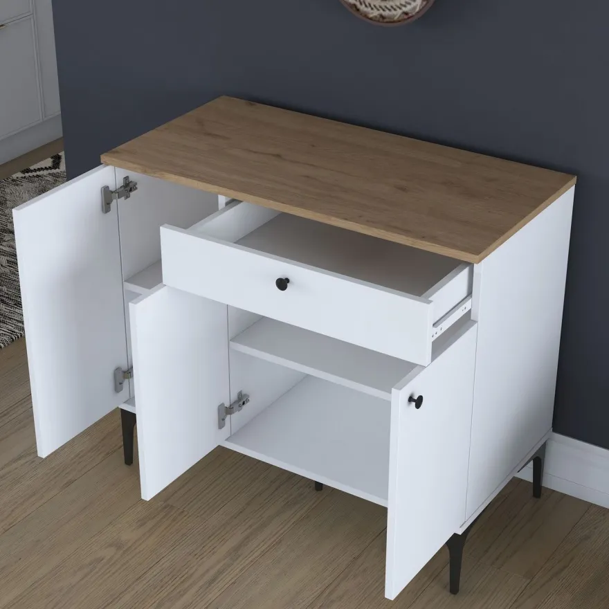 Aamiaiskaappi/kahvipiste Linento Furniture JE194, valkoinen/pähkinänruskea