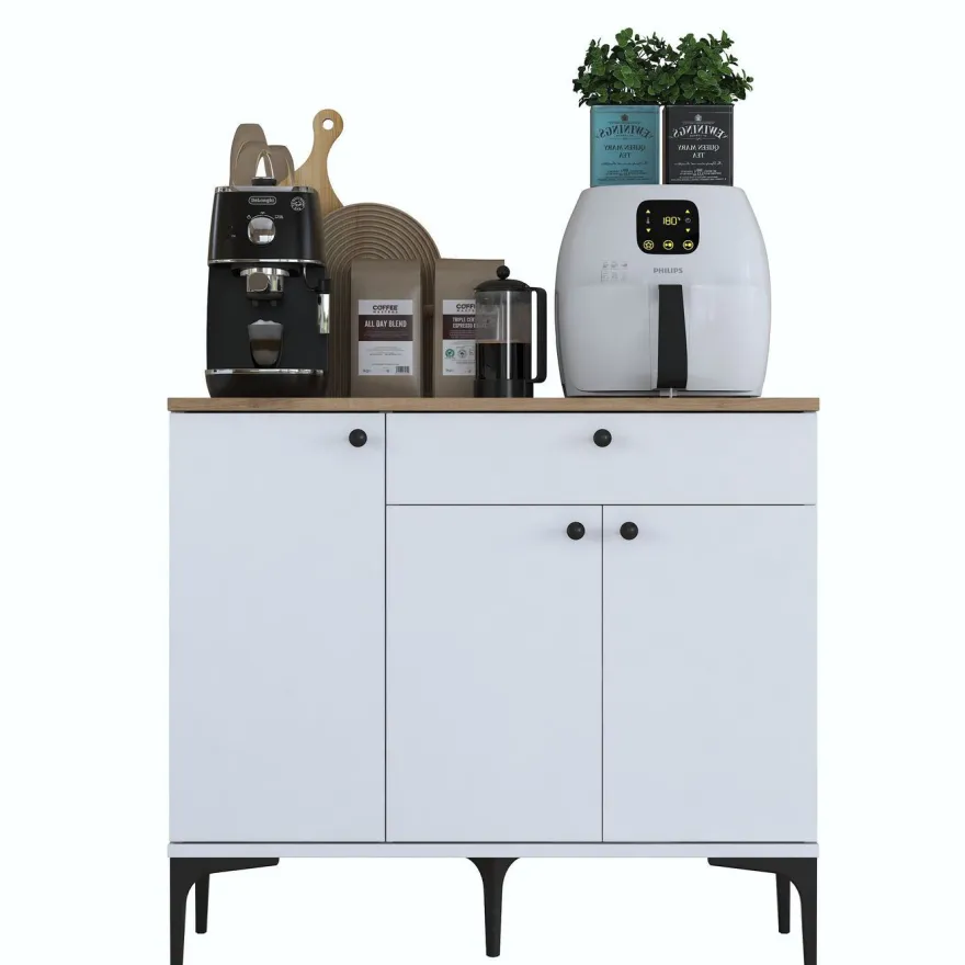 Aamiaiskaappi/kahvipiste Linento Furniture JE194, valkoinen/pähkinänruskea