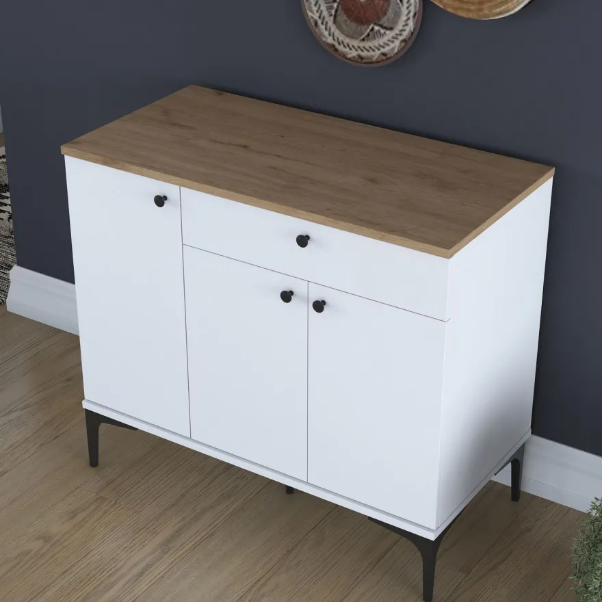 Aamiaiskaappi/kahvipiste Linento Furniture JE194, valkoinen/pähkinänruskea