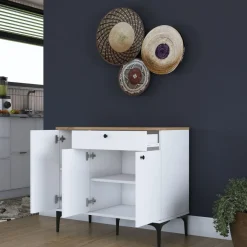 Aamiaiskaappi/kahvipiste Linento Furniture JE194, valkoinen/pähkinänruskea