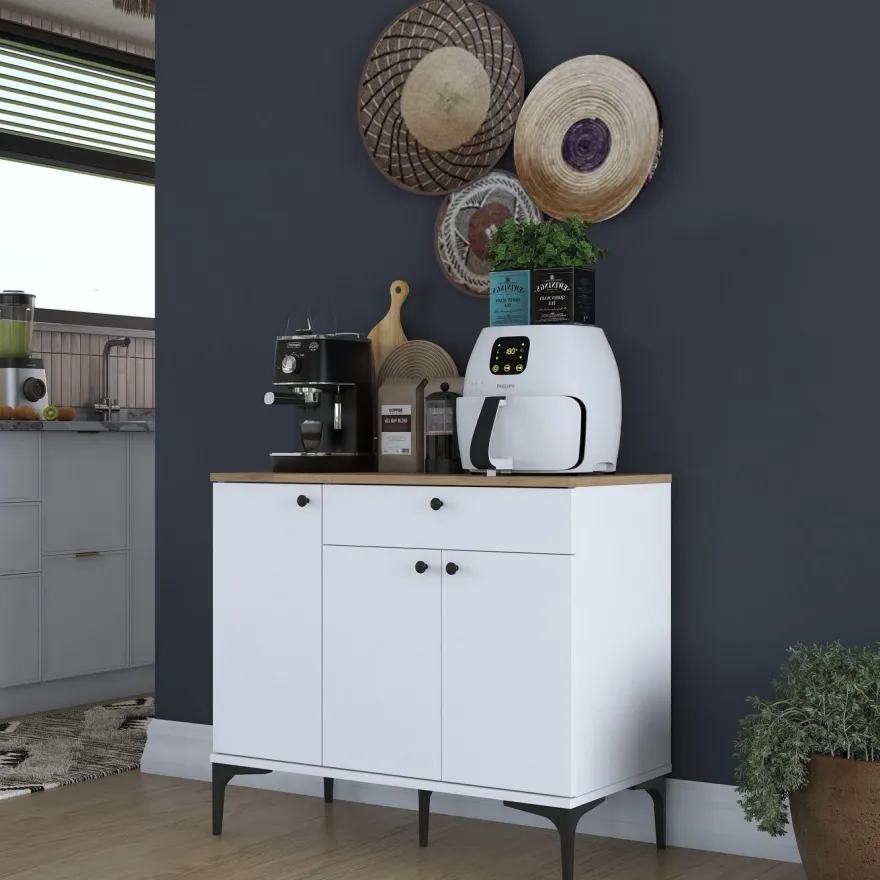 Aamiaiskaappi/kahvipiste Linento Furniture JE194, valkoinen/pähkinänruskea