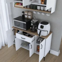 Aamiaiskaappi/kahvipiste Linento Furniture JE203, valkoinen/pähkinänruskea