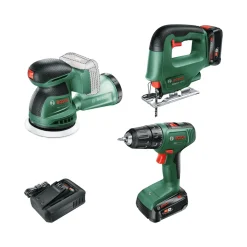 Akkukonesarja Bosch DIY, EasyDrill 18V-40 + EasySaw 18V-70 + EasyOrbit 18V-10, 2x2.5Ah akuilla