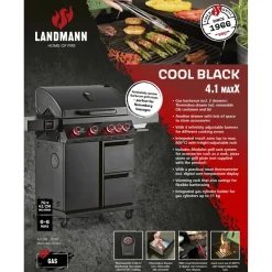 Kaasugrilli Landmann Rexon Cool Black MaxX 4.1, 4 poltinta, infrapunasivukeitin