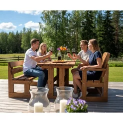 Kalusteryhmä Miljöökoriste, pöytä + penkki + 2 tuolia, eri värejä