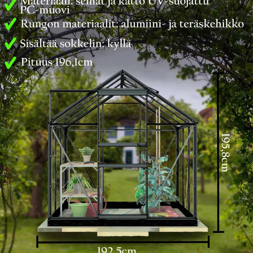 Kasvihuone Lykke, 3,8 m², muovi, musta