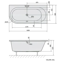 Kylpyamme Interia Astra 165x800x480 mm, oikea, valkoinen