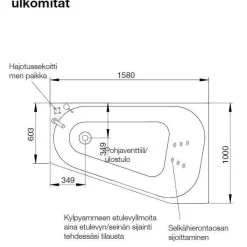 Kylpyamme Westerbergs Motion 160L 2.0, akryyli, valkoinen, vasen