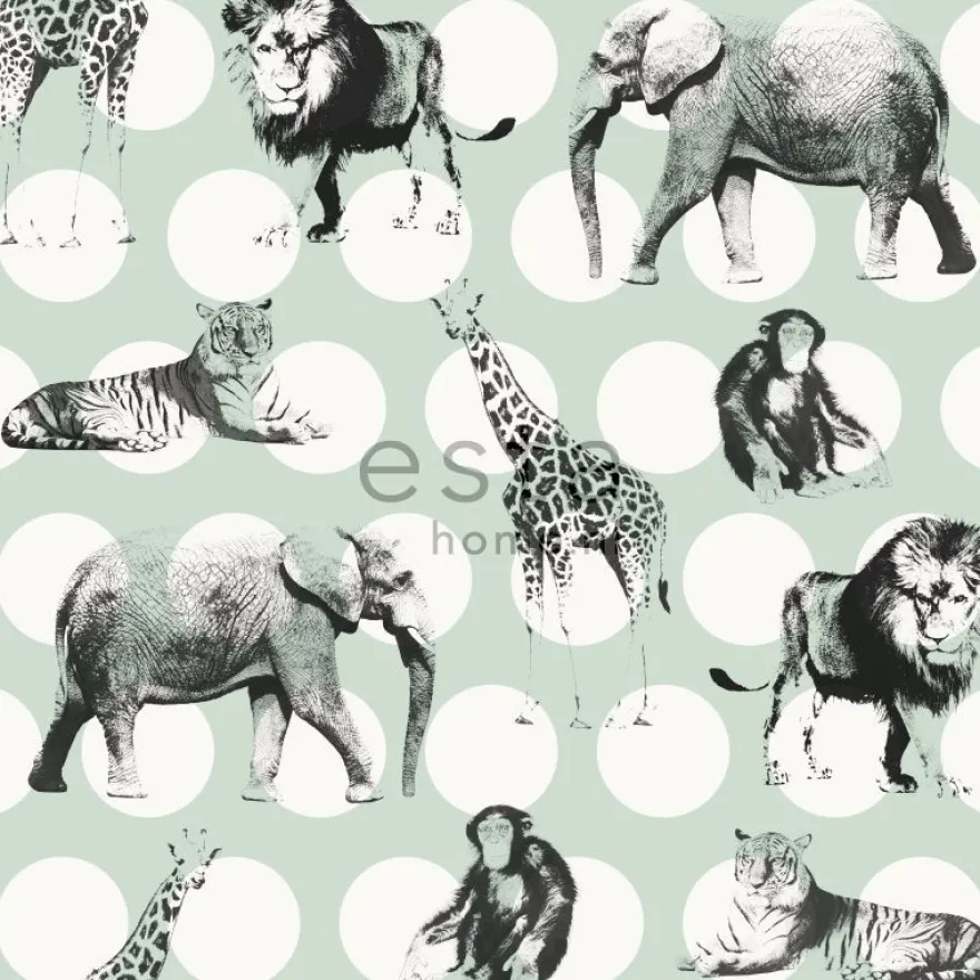 Lastenhuoneen tapetti Animals with Dots 128713, eläin, minttu, hiilenmusta