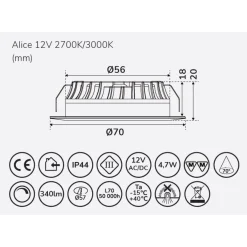 LED-alasvalo Llitt Alice, 12V, 3000K, eri värejä