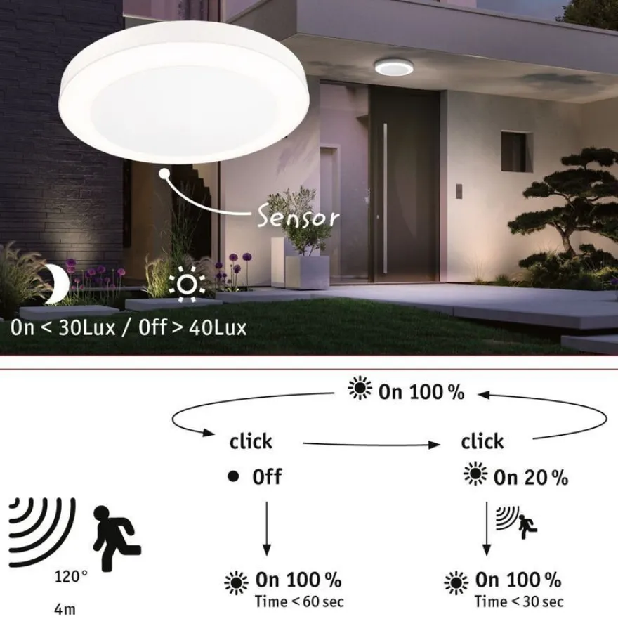 LED-ulkoseinävalaisin liike- ja hämärätunnistimella Paulmann Circula, IP44, 3000K, korroosionkestävä, valkoinen