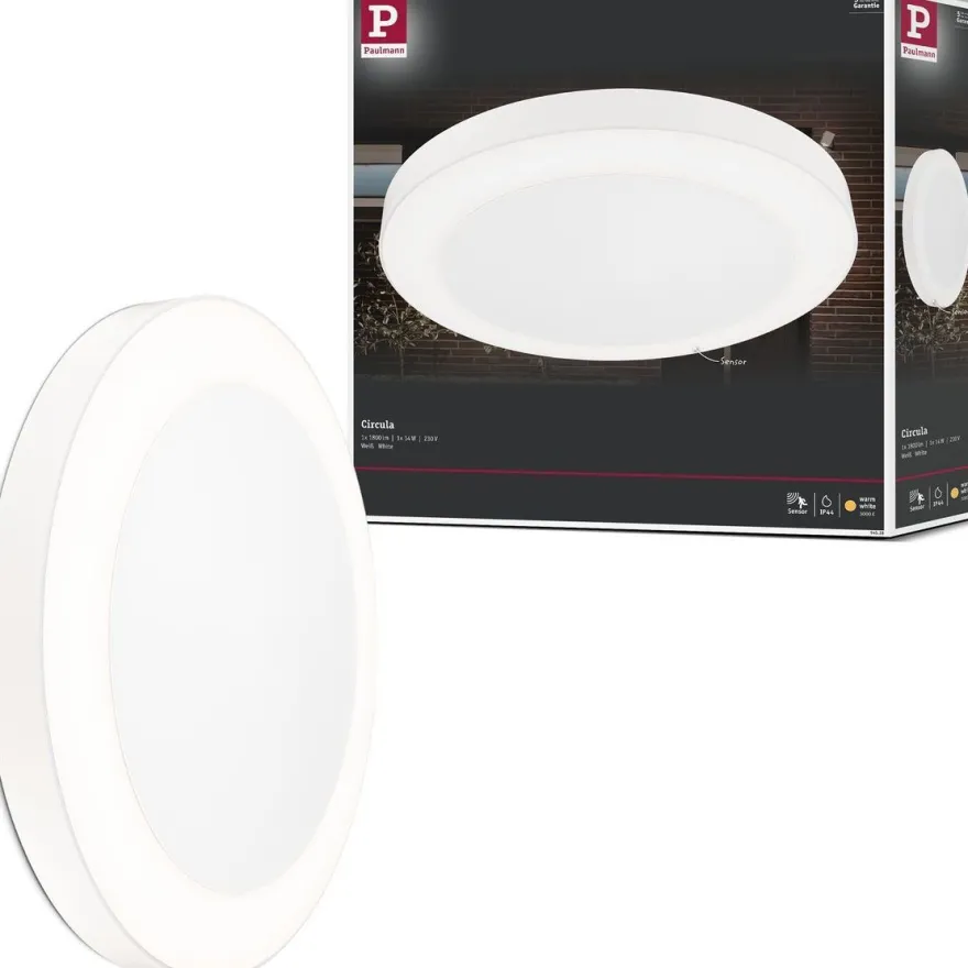 LED-ulkoseinävalaisin liike- ja hämärätunnistimella Paulmann Circula, IP44, 3000K, korroosionkestävä, valkoinen