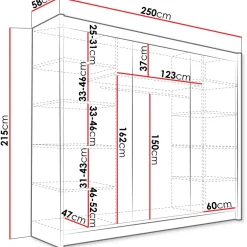 Liukuovivaatekaappi Nomla ASTON / DASTO II, LED-valaistuksella, 250x215cm