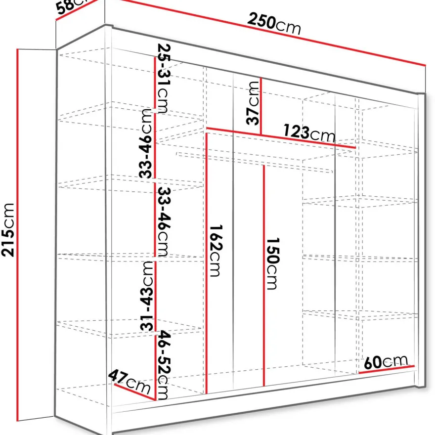Liukuovivaatekaappi Nomla ASTON / DASTO II, LED-valaistuksella, 250x215cm