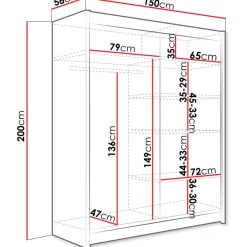 Liukuovivaatekaappi Nomla WESTA / PRESTO II, LED-valaistuksella, peilillä, 150x200cm