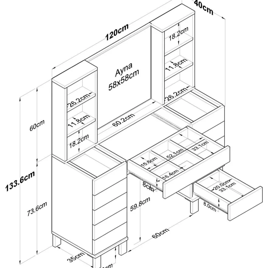 Meikkipöytä Linento Furniture BJ136-3846, leveys 120cm, valkoinen