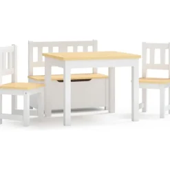 3-osainen lasten pöytä ja tuolisarja säilytyspenkillä, valkoinen ja beige, MDF
