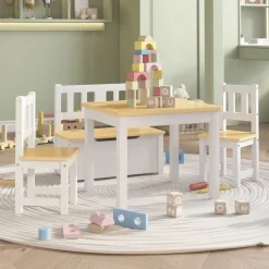3-osainen lasten pöytä ja tuolisarja säilytyspenkillä, valkoinen ja beige, MDF