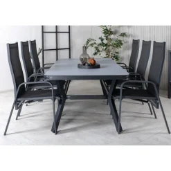 Ruokailuryhmä ulos Venture Home, musta/harmaa Virya-pöytä 200x100cm + 6 mustaa Copacabana-tuolia