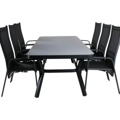 Ruokailuryhmä ulos Venture Home, musta/harmaa Virya-pöytä 200x100cm + 6 mustaa Copacabana-tuolia