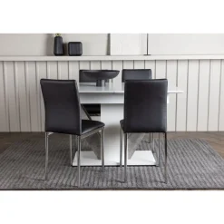 Ruokailuryhmä Venture Home, jatkettava Disa-pöytä + 4 mustaa Lily-tuolia, keinonahka