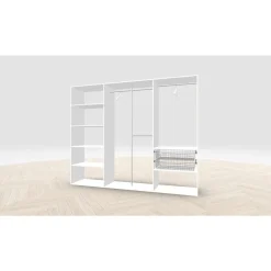 Vaatehuoneen kaapisto Mirror Line, leveä I-malli hyllyillä, koreilla ja vaatetangoilla, 2600x2100x510mm, eri värejä