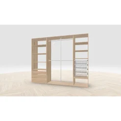 Vaatehuoneen kaapisto Mirror Line, leveä I-malli laatikoilla, koreilla ja vaatetangoilla, 2600x2100x510mm, eri värejä