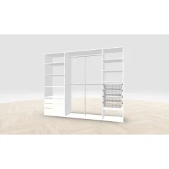 Vaatehuoneen kaapisto Mirror Line, leveä I-malli laatikoilla, koreilla ja vaatetangoilla, 2600x2100x510mm, eri värejä