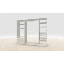 Vaatehuoneen kaapisto Mirror Line, leveä I-malli laatikoilla, koreilla ja vaatetangoilla, 2600x2100x510mm, eri värejä